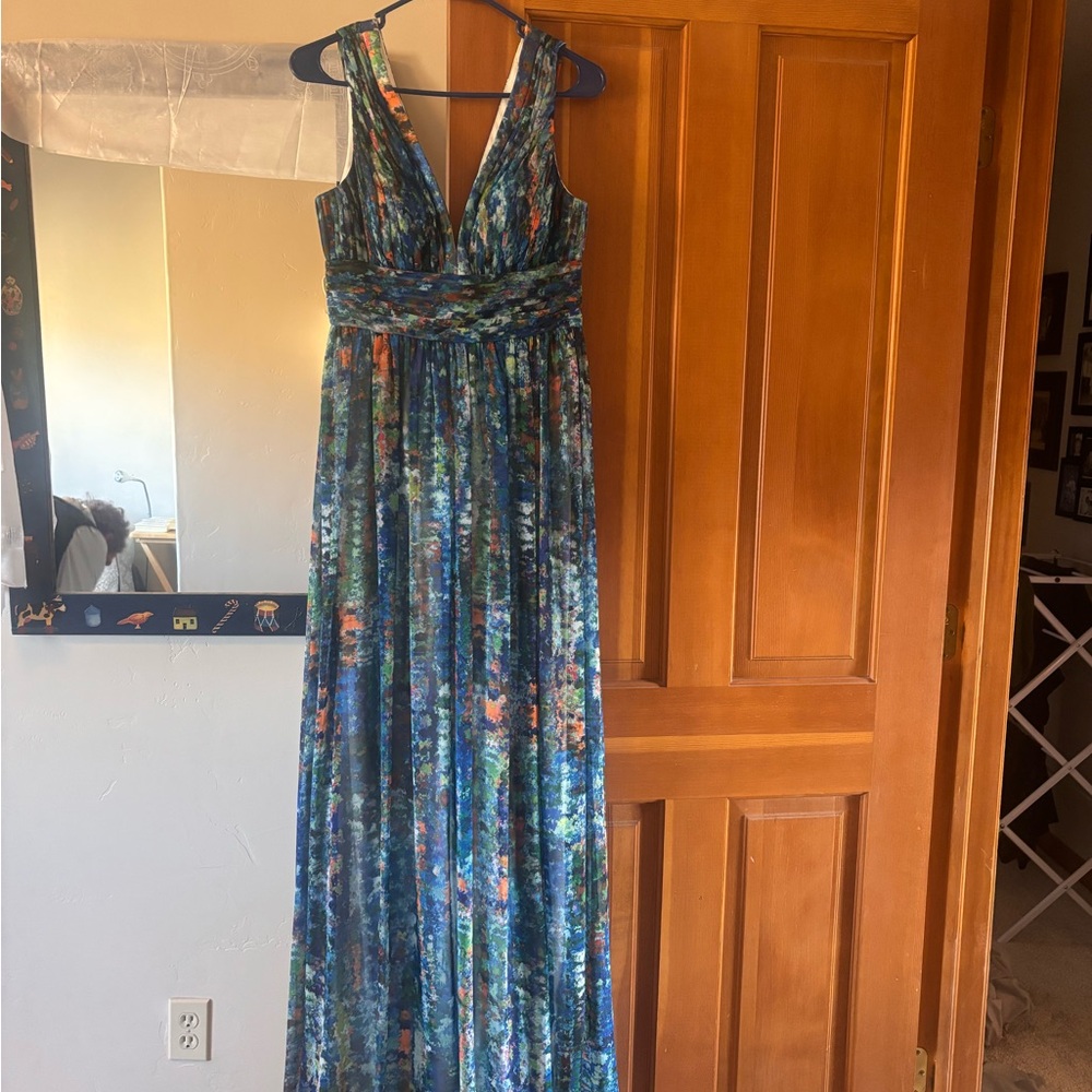 Aidan Mattox Blue and Orange Maxi Dress